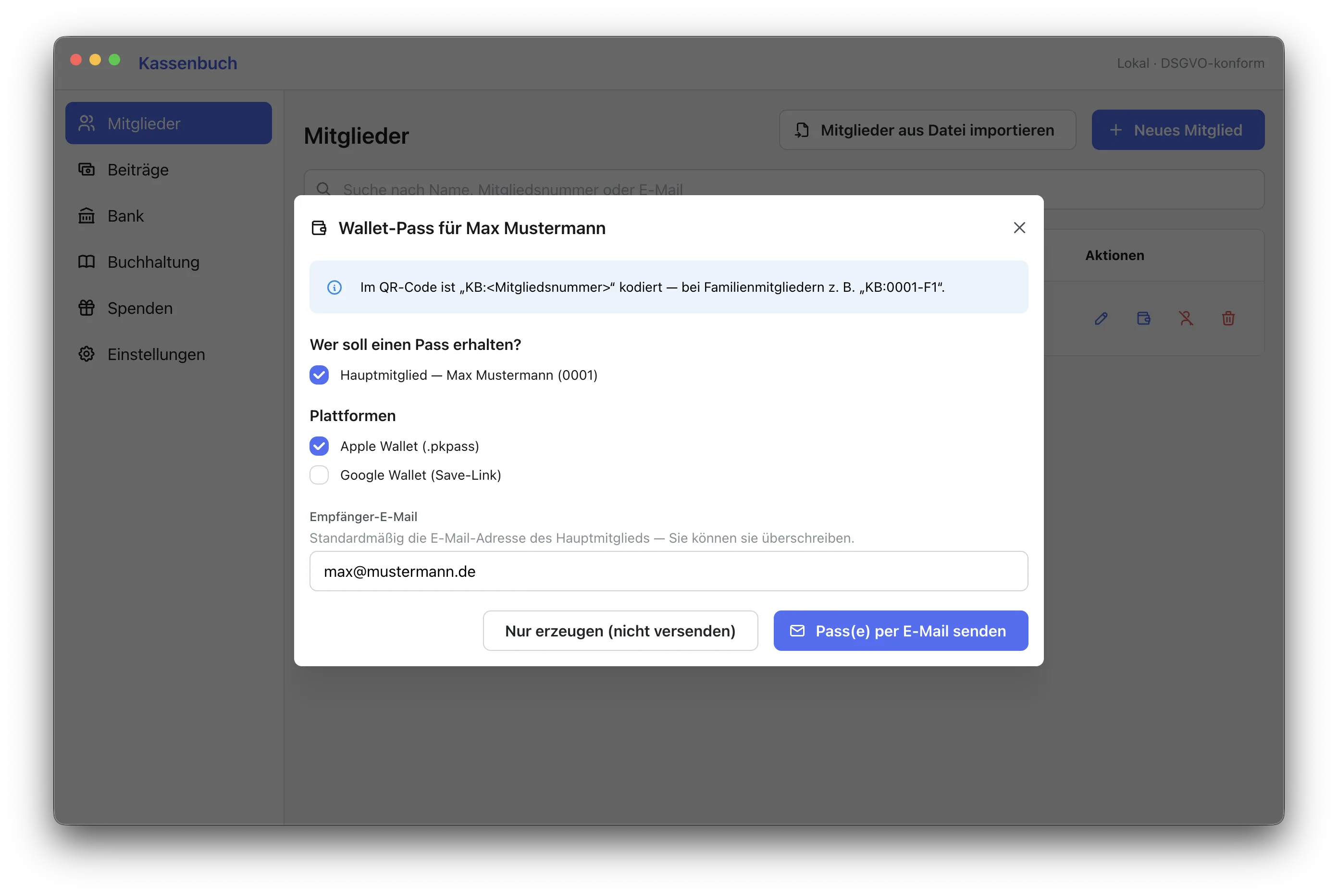 Wallet-Mitgliedsausweis in Kassenbuch: Pass für Apple und Google Wallet erzeugen